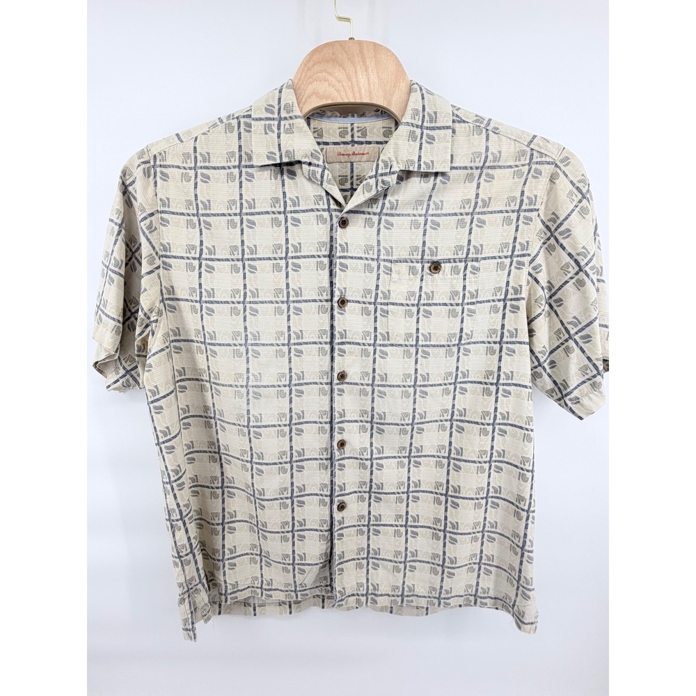 Tommy Bahama Shirt Mens XL 100% Silk Short Sleeve Geometric Grid Camp Cream Gray
